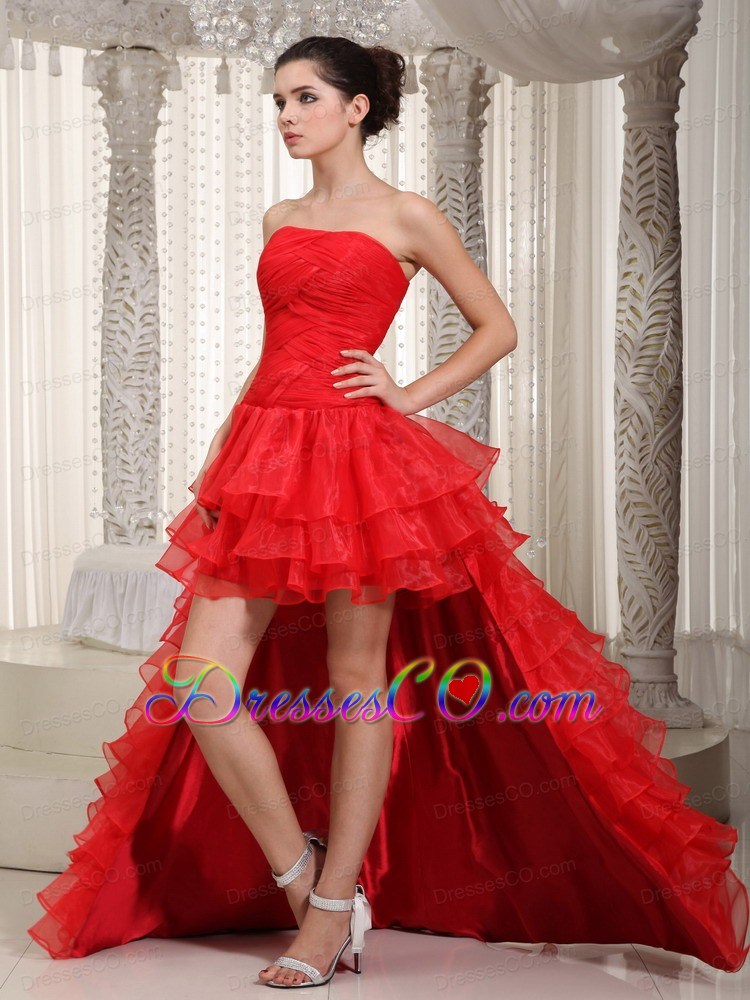 High-low Red Ruffles Strapless Organza Dress For Prom