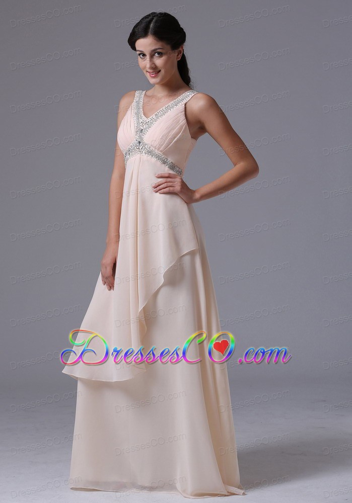 Lovely Baby Pink V-neck Prom Dress With Beading and Ruching