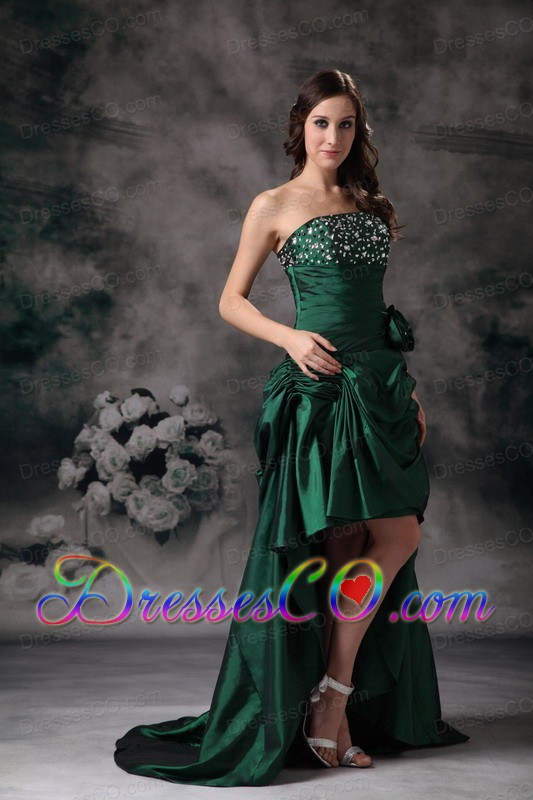 Elegant Green Strapless High-low Prom Dress with Beading
