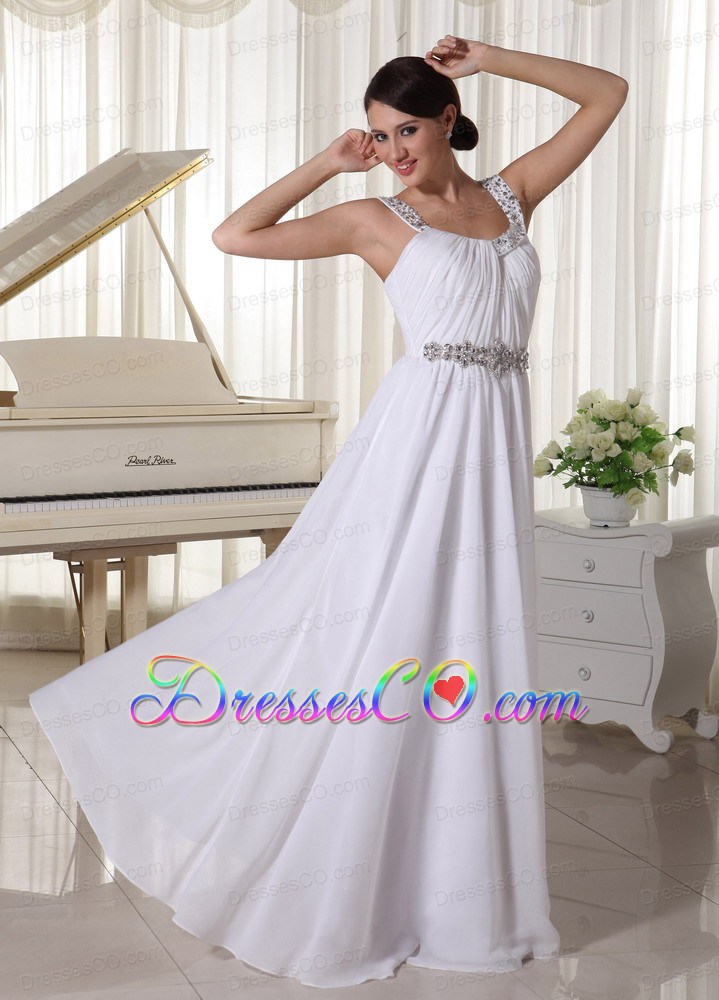 Beaded Decorate Straps and Waist White Chiffon Empire Prom Dress For Foramal Evening
