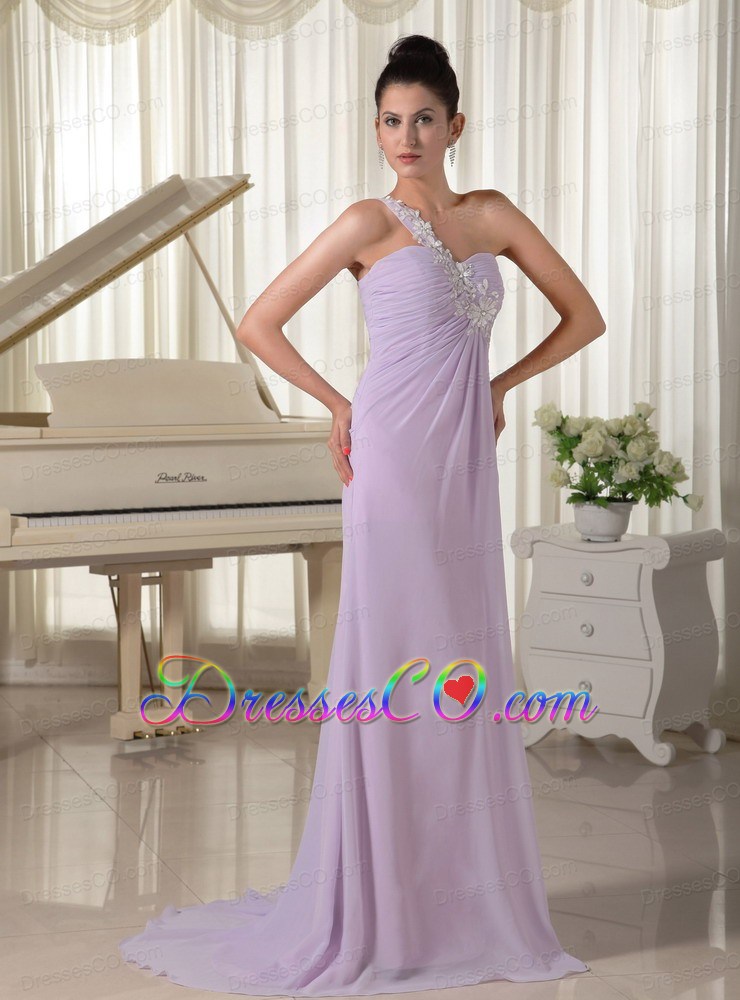 Appliques Decorate One Shoulder Lilac Brush Train For Prom Dress
