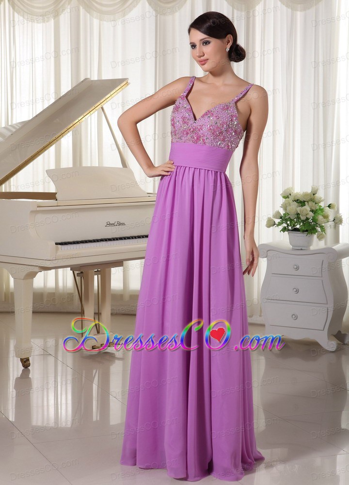 Chiffon Spaghetti Straps Pretty Lavender Evening Party Dress Appliques With Beading