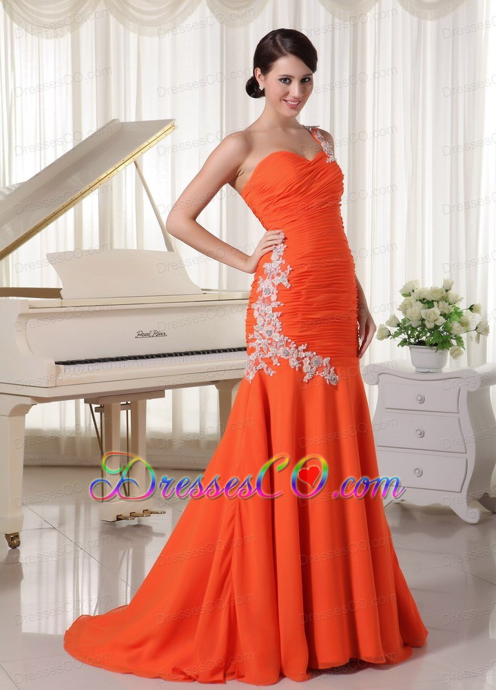 Appliques One Shoulder Chiffon Orange Mermaid Prom Dress For Formal Evening Brush Train