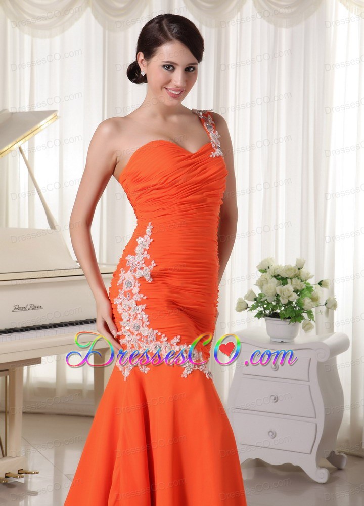 Appliques One Shoulder Chiffon Orange Mermaid Prom Dress For Formal Evening Brush Train