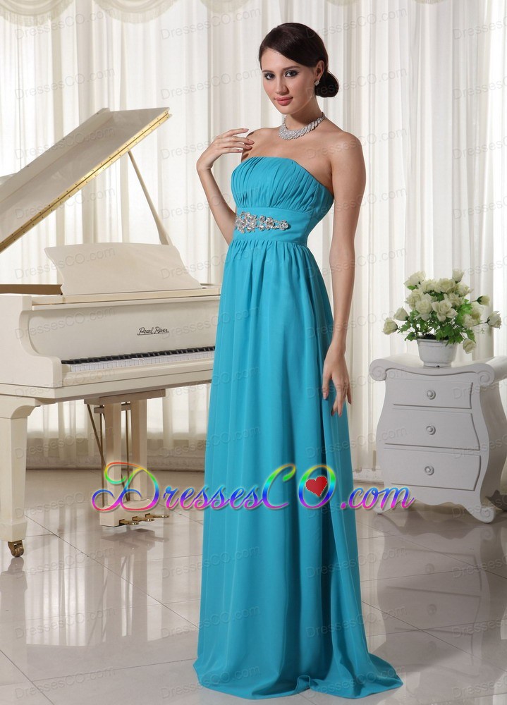 Beaded Decorate Waist Ruched Teal Chiffon Prom Dress With Brush Train