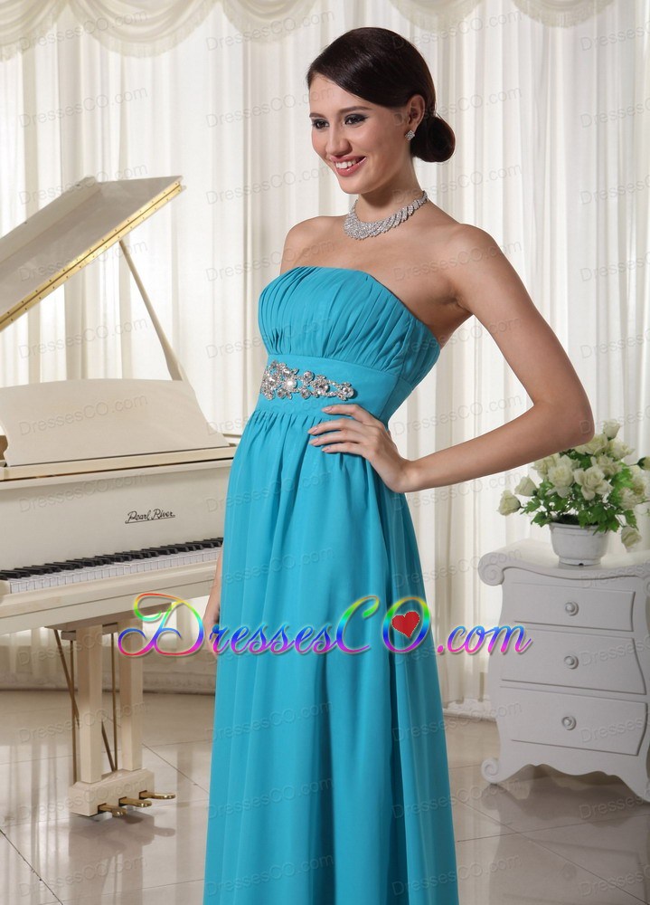 Beaded Decorate Waist Ruched Teal Chiffon Prom Dress With Brush Train