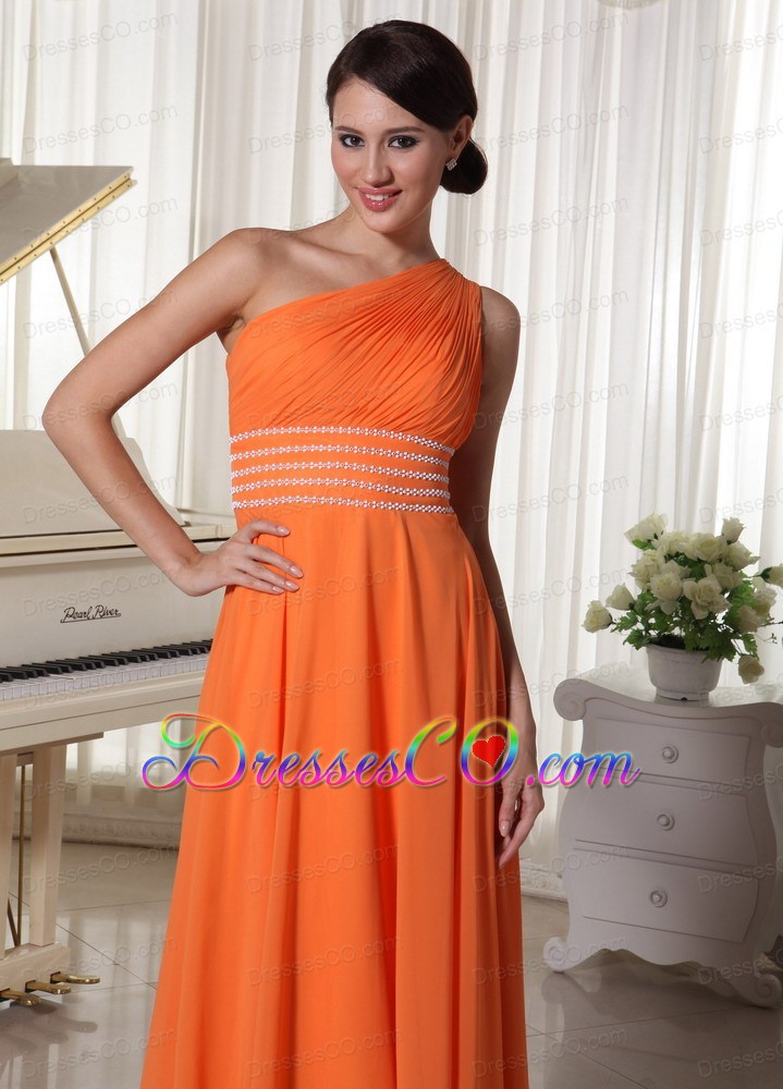 Orange Chiffon One Shoulder Prom Dress With Ruched and Beaded Decorate Waist Brush Train