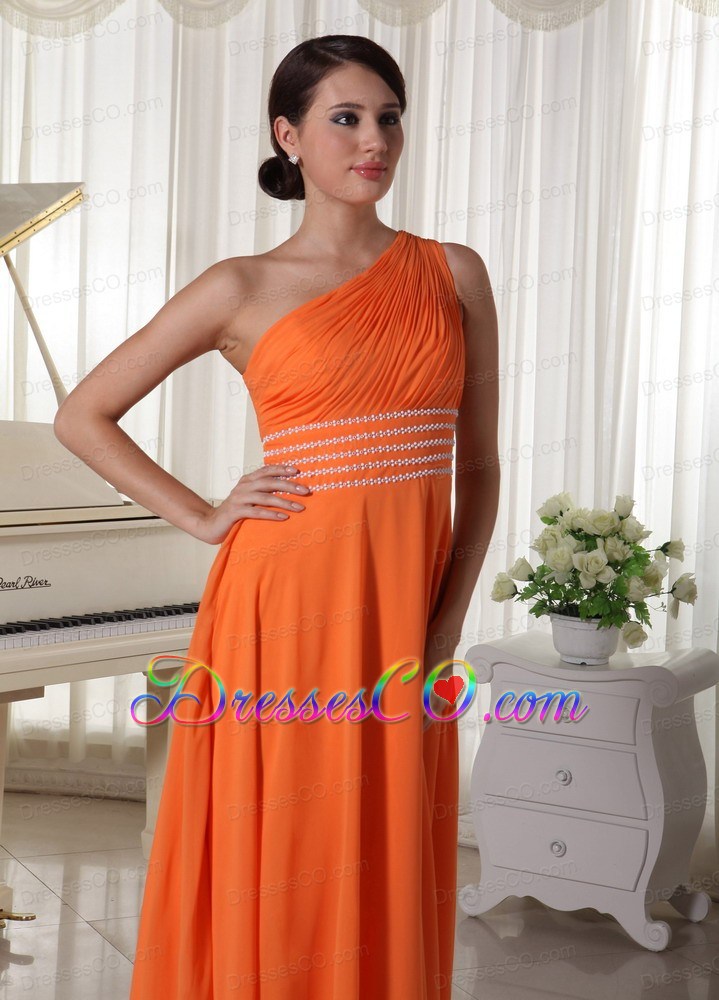 Orange Chiffon One Shoulder Prom Dress With Ruched and Beaded Decorate Waist Brush Train