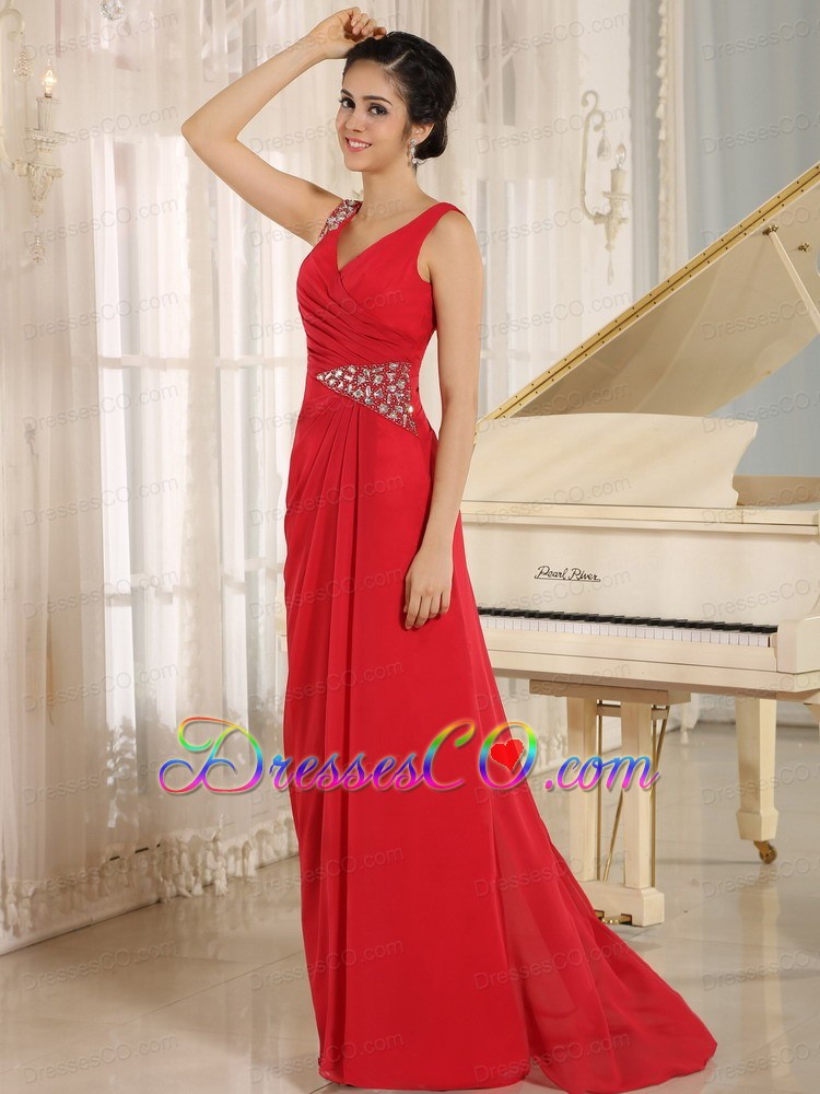 Red Beaded Decorate V-neck and Waist For Prom Dress