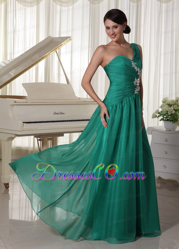 Turquosie One Shoulder Appliques and Ruching Decorate Bust Chiffon Prom Dress For Formal Evening