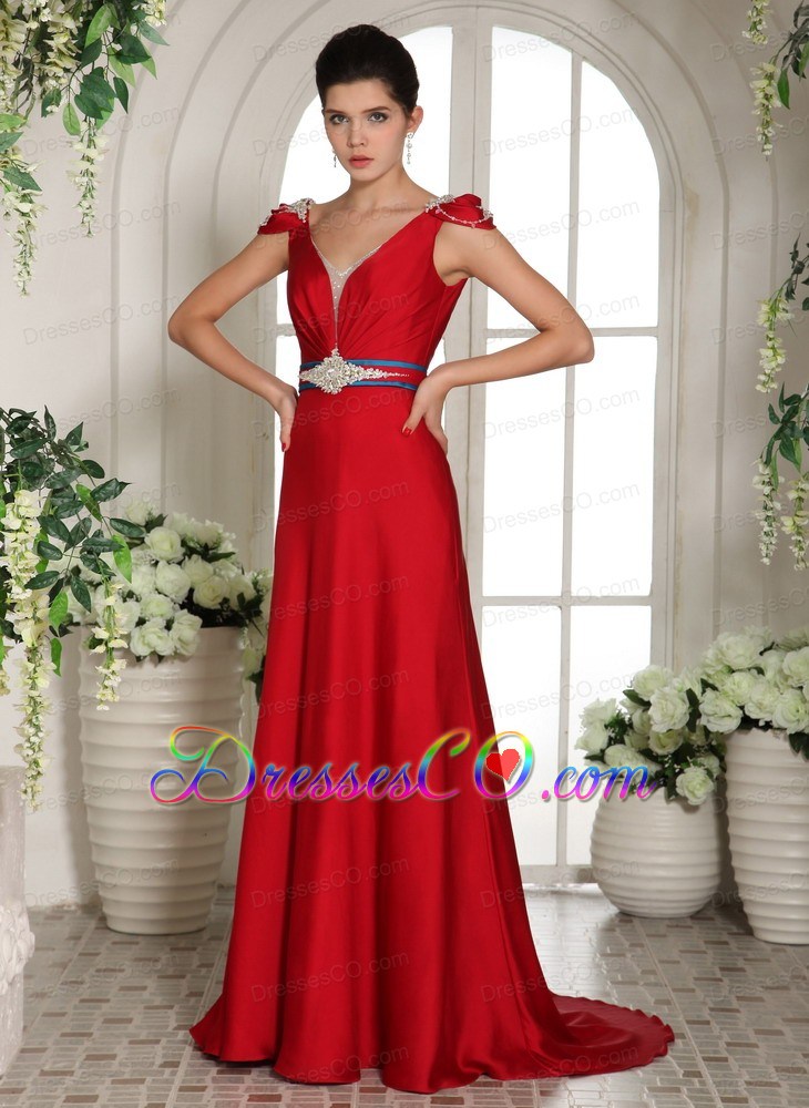 V-neck Cap Sleeves Red Beading Evening Gowns With Brush Train