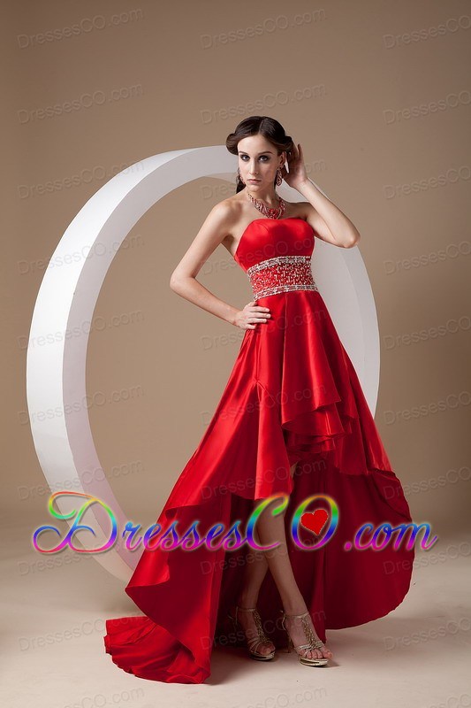 High-low Red A-line Prom Dress Strapless Elastic Woven Satin Beading