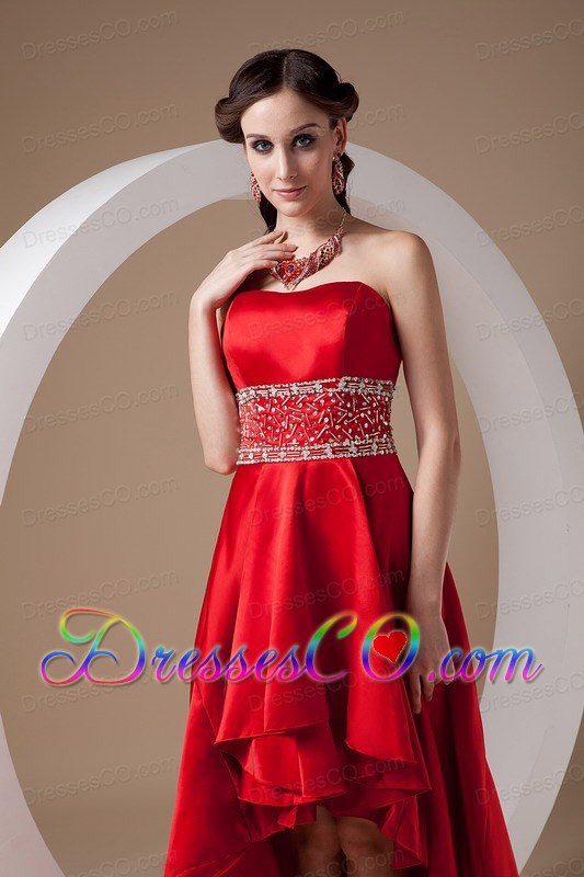 High-low Red A-line Prom Dress Strapless Elastic Woven Satin Beading