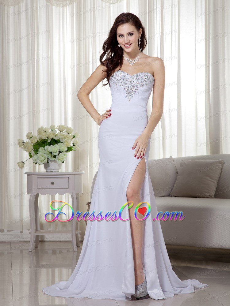 White Column Brush Train Chiffon Beading and Ruching  Prom / Celebrity Dress