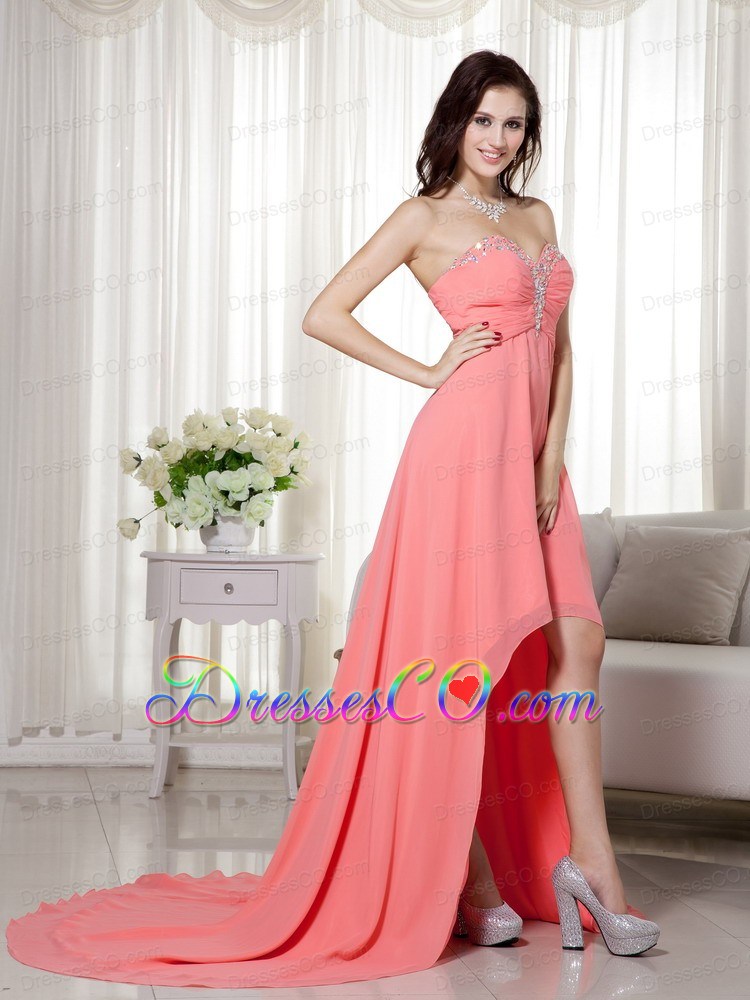 Watermelon Empire High-low Chiffon Beading and Ruched  Prom / Celebrity Dress