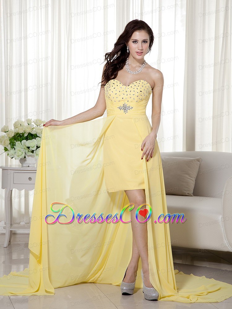 Yellow Column / Sheath High-low Chiffon Beading Prom / Evening Dress