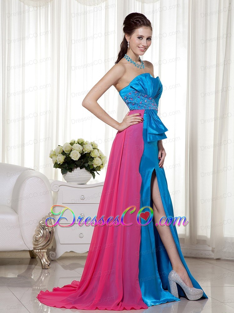 Sky Blue and Hot Pink Beading Prom Dress Brush Chiffon and Elastic Woven Satin