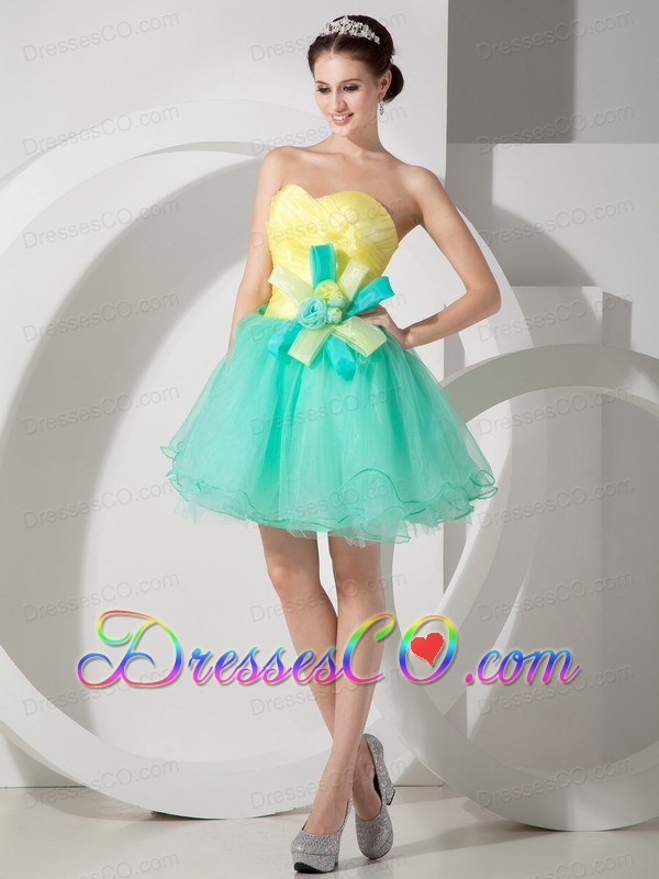 Apple Green And Yellow A-line Mini-length Organza Hand Made Flowers Prom Dress