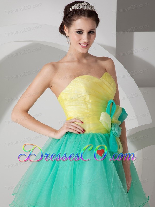 Apple Green And Yellow A-line Mini-length Organza Hand Made Flowers Prom Dress