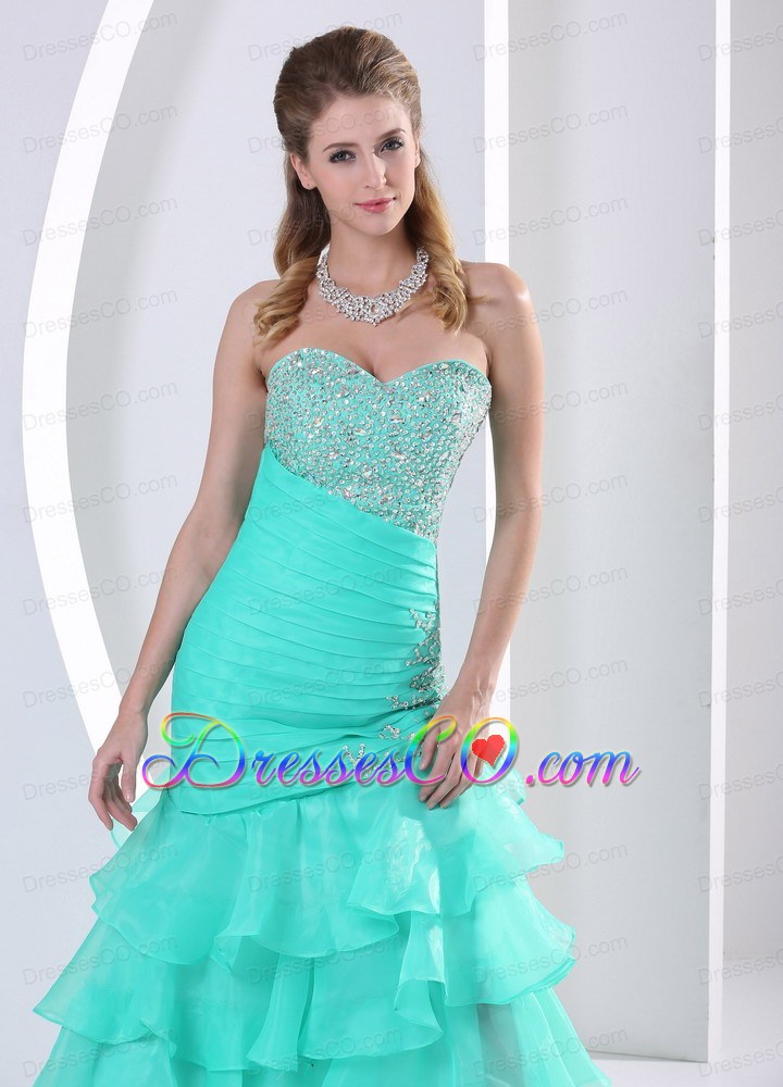 Turquoise Ruched Layered Beaded Decorate Celebrity Dress