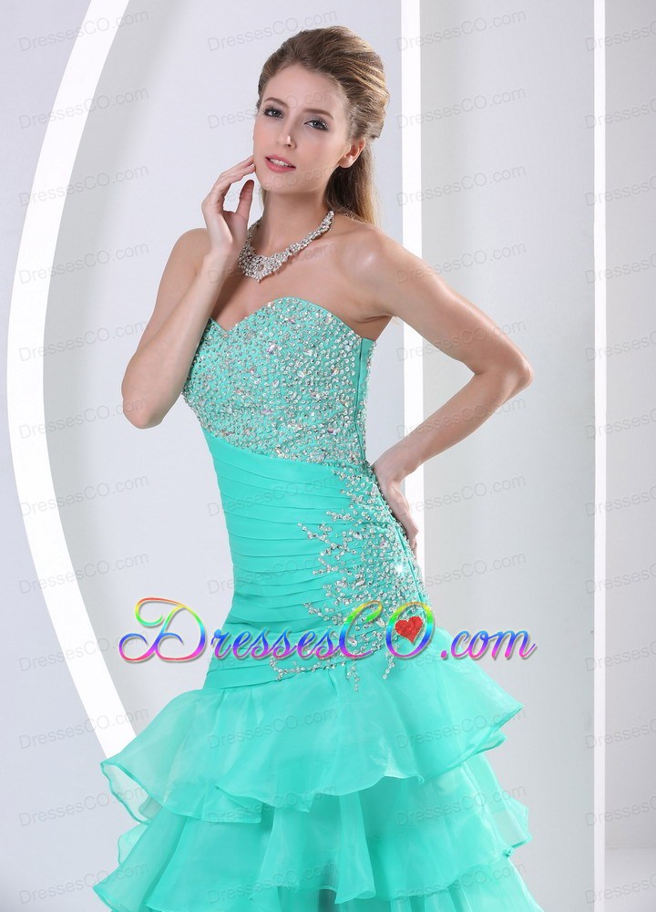 Turquoise Ruched Layered Beaded Decorate Celebrity Dress