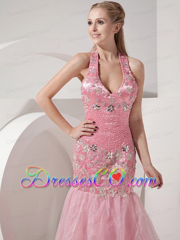 Fashionable Baby Pink Evening Dress Mermaid Halter Organza and Taffeta Beading and Appliques Brush Train