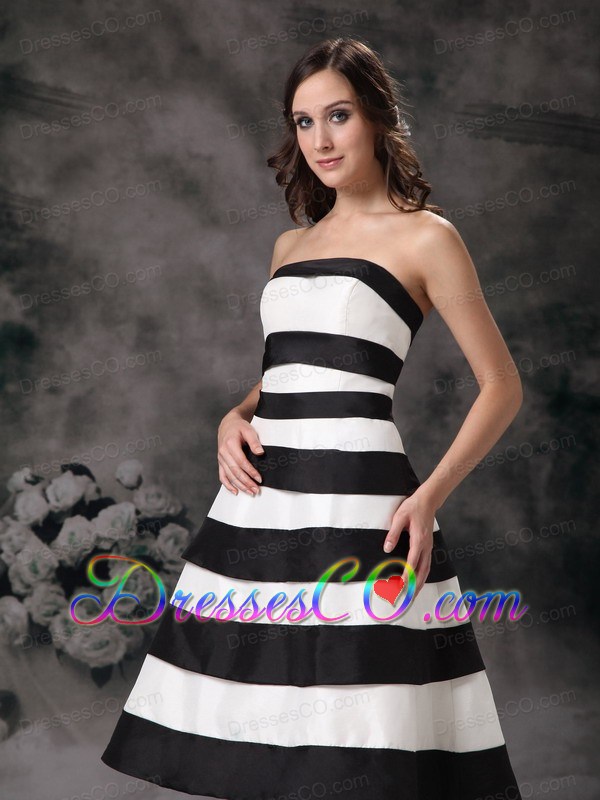 Black And White A-line Strapless Knee-length Satin Beading Bridesmaid Dress