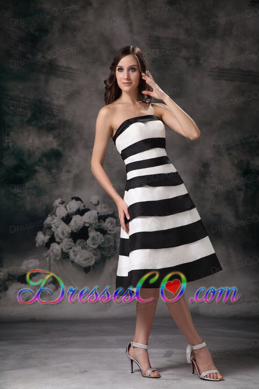 Black And White A-line Strapless Knee-length Satin Beading Bridesmaid Dress