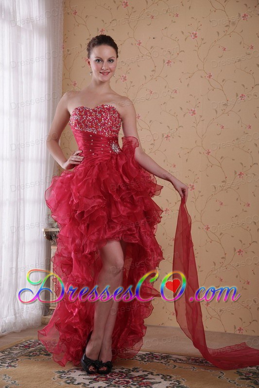 Red Column High-low Organza Beading Prom / Cocktail Dress