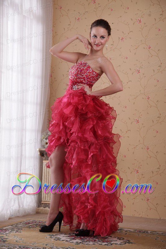 Red Column High-low Organza Beading Prom / Cocktail Dress