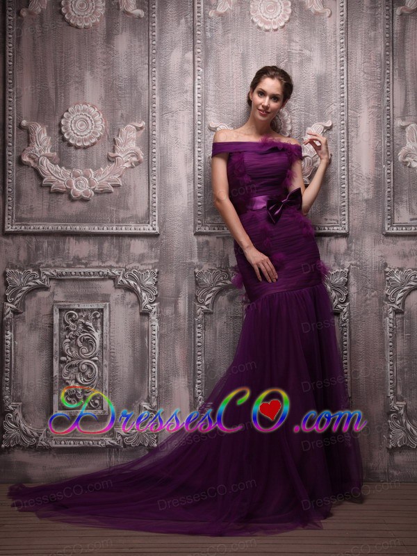 Dark Purple Mermaid Off The Shoulder Brush Train Tulle Hand Made Flowers Prom / Evening Dress
