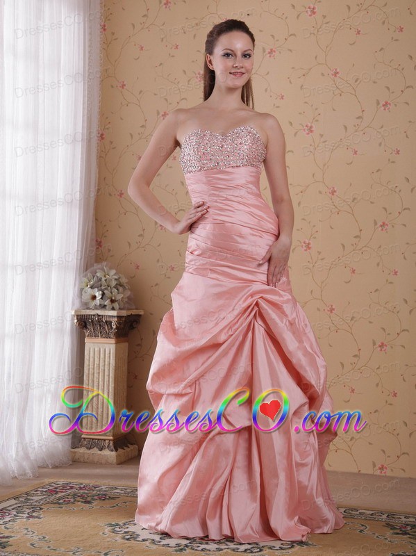 Baby Pink Column Long Taffeta Beading And Ruching Prom / Celebrity Dress