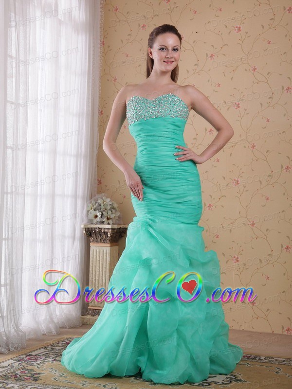 Apple Green Mermaid Brush Train Organza Beading and Ruching Prom / Celebrity Dress