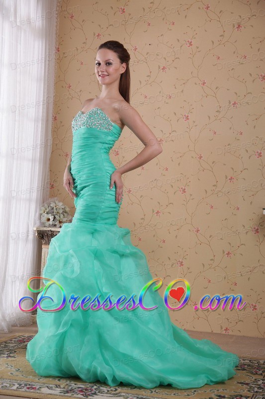 Apple Green Mermaid Brush Train Organza Beading and Ruching Prom / Celebrity Dress