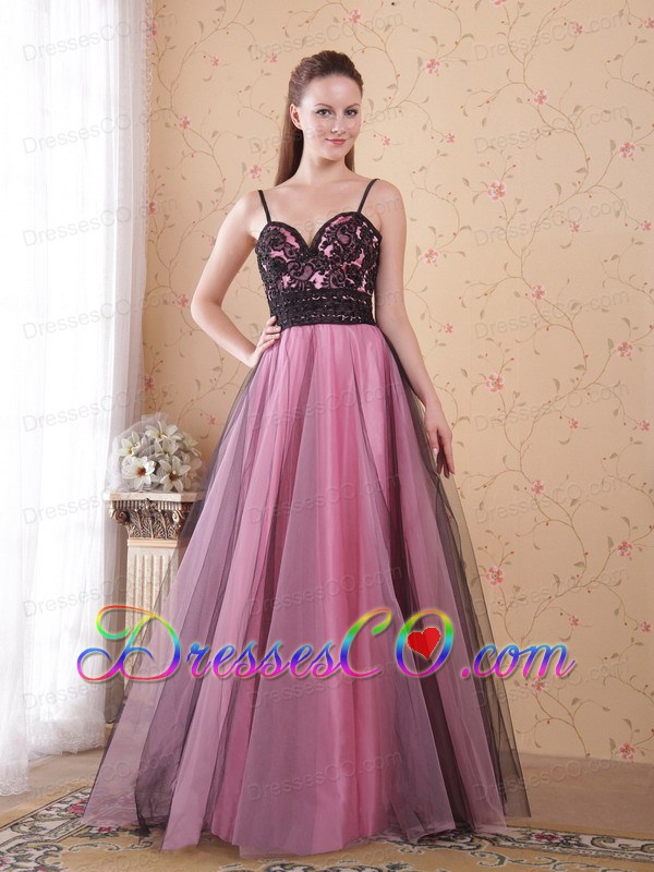 Rose Pink A-line / Princess Spaghetti Straps Long Tulle Lace Prom Dress