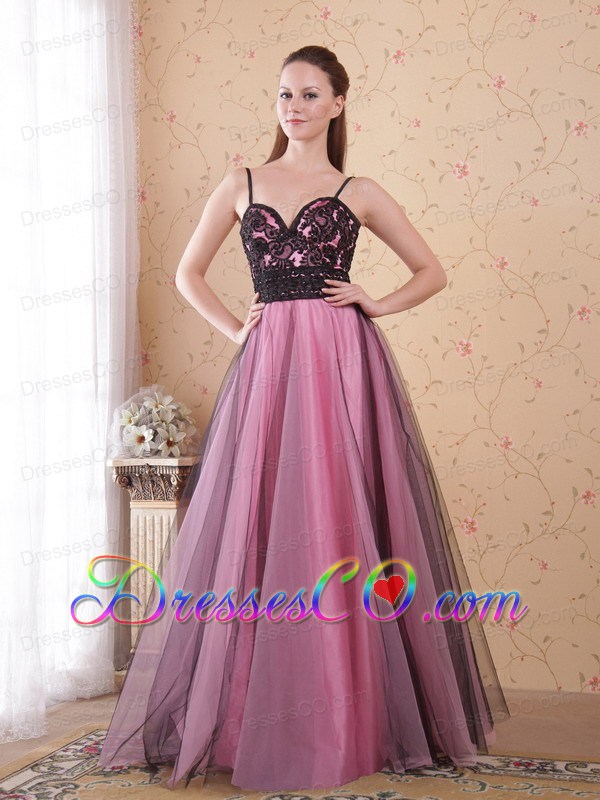 Rose Pink A-line / Princess Spaghetti Straps Long Tulle Lace Prom Dress
