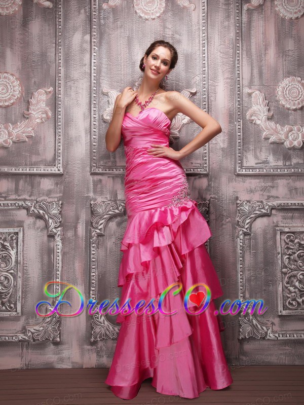 Hot Pink Column Long Taffeta Beading Prom Dress