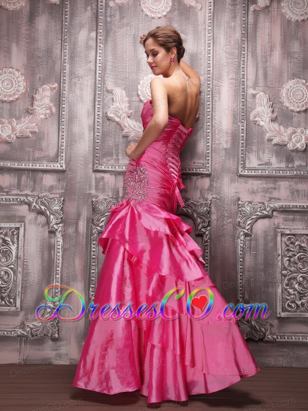 Hot Pink Column Long Taffeta Beading Prom Dress