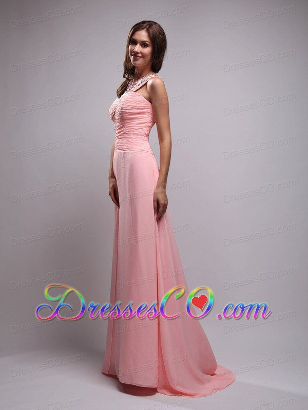 Baby Pink Empire One Shoulder Brush Train Chiffon Beading and Ruching Prom Dress