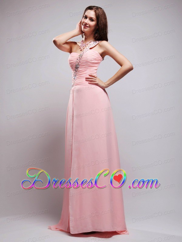 Baby Pink Empire One Shoulder Brush Train Chiffon Beading and Ruching Prom Dress