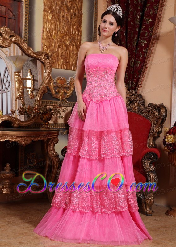 Pink Empire Strapless Long Organza Lace Appliques Prom / Pageant Dress