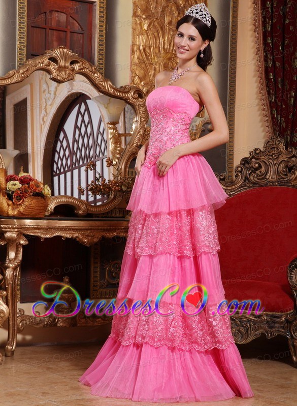 Pink Empire Strapless Long Organza Lace Appliques Prom / Pageant Dress