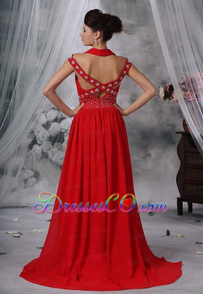 Off The Shoulder Beaded Decorate Waist Ruched Decorate Bust Brush Train Red Chiffon For Prom / Evening Dress