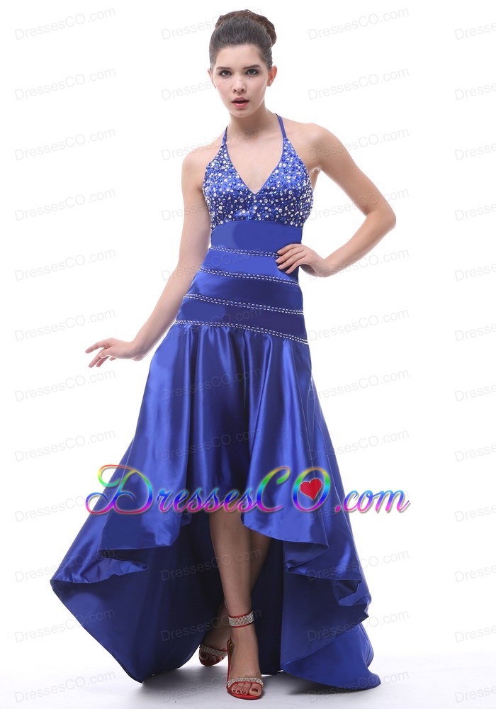 Halter Beaded A-line High-low For Royal Blue Prom Dress