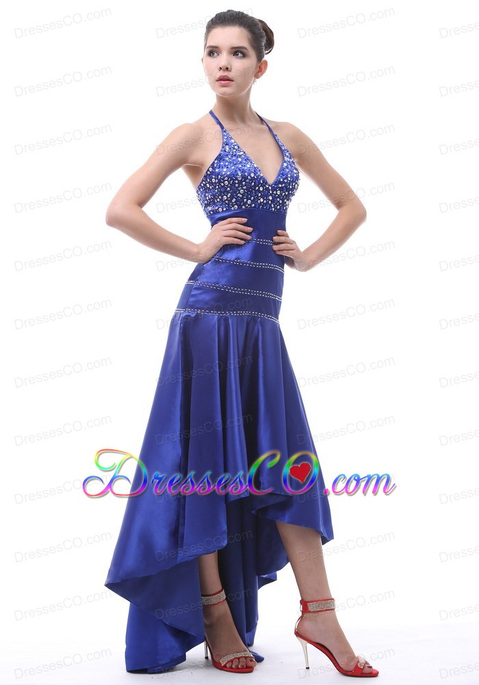 Halter Beaded A-line High-low For Royal Blue Prom Dress