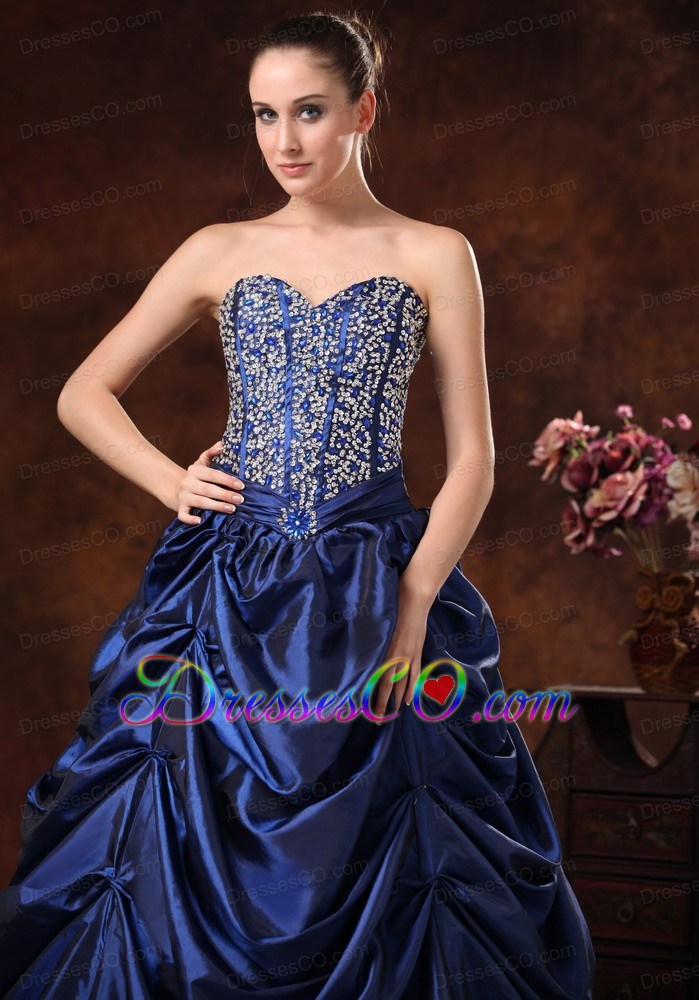 Beaded Decorate Bodice Pick-ups A-line Long Navy Blue Prom / Evening Dress For 2013
