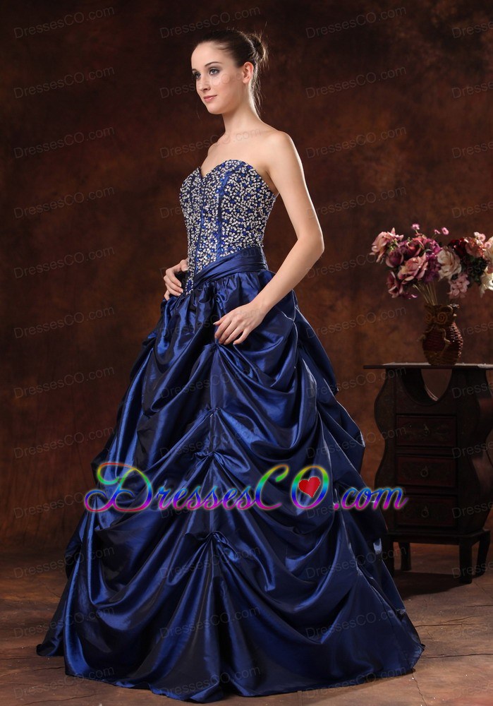 Beaded Decorate Bodice Pick-ups A-line Long Navy Blue Prom / Evening Dress For 2013