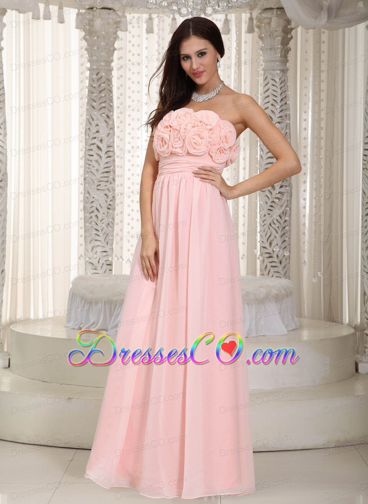 Baby Pink Empire Strapless Long Chiffon Hand Made Flowers Prom Dress