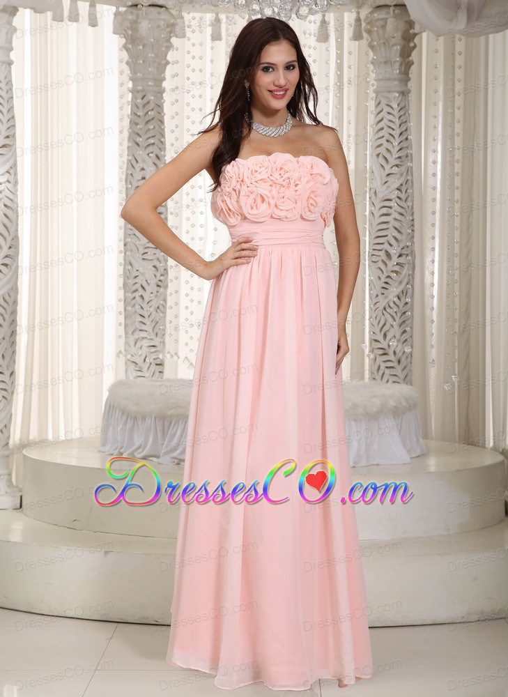 Baby Pink Empire Strapless Long Chiffon Hand Made Flowers Prom Dress
