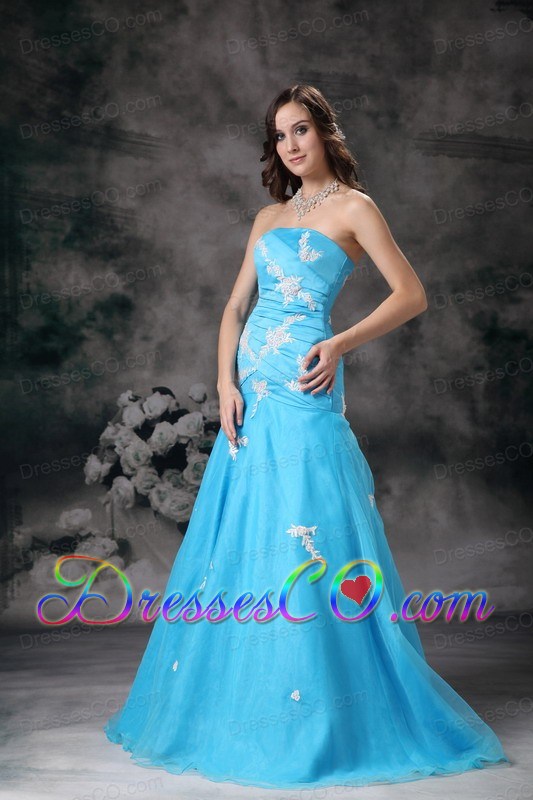 Pretty Aqua Blue Mermaid Strapless Prom Dress with Appliques
